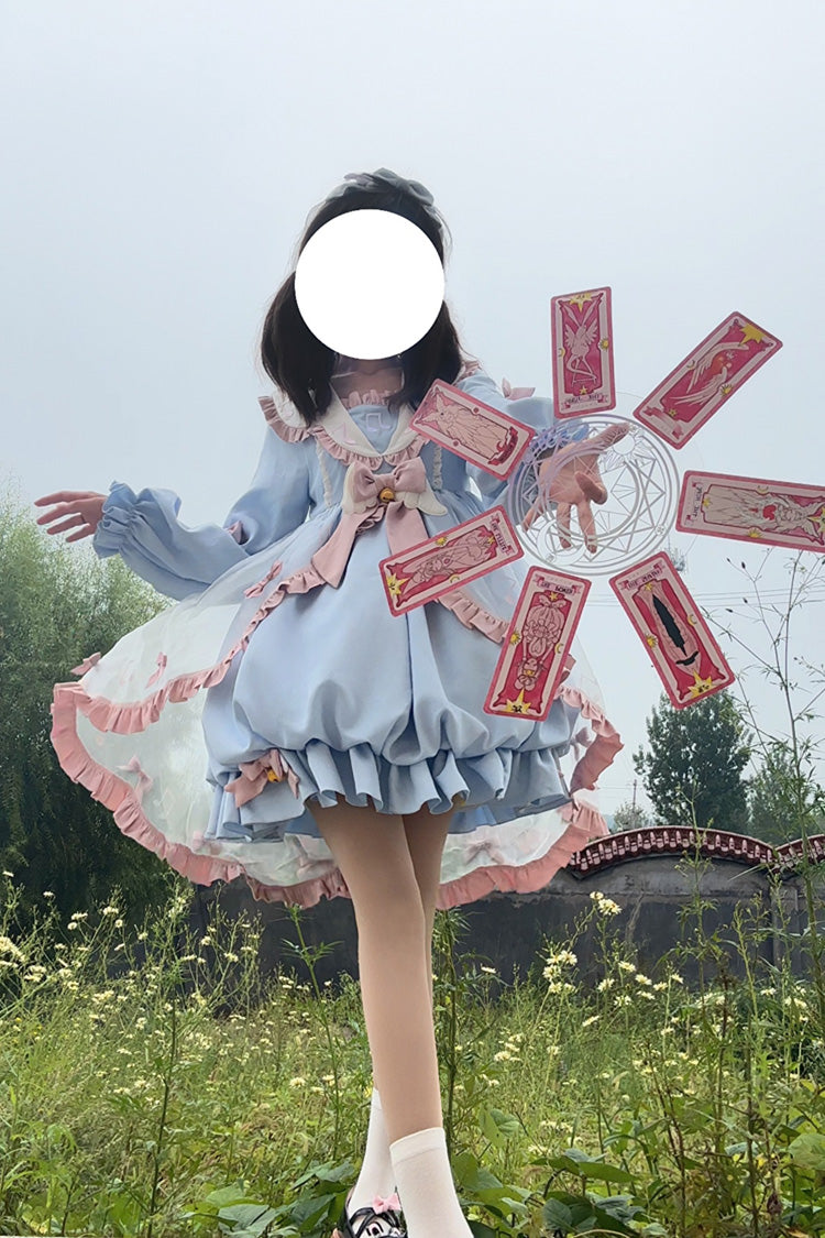 Blue Long Sleeves Music Notes Print Ruffle Bowknot Lace Sweet (Dress Only) detail view 8