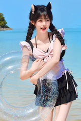 Black/Pink Summer Sweetheart Triple-Layered Ruffled Bow Sweet Lolita Bubble Swimsuit - Product - 3