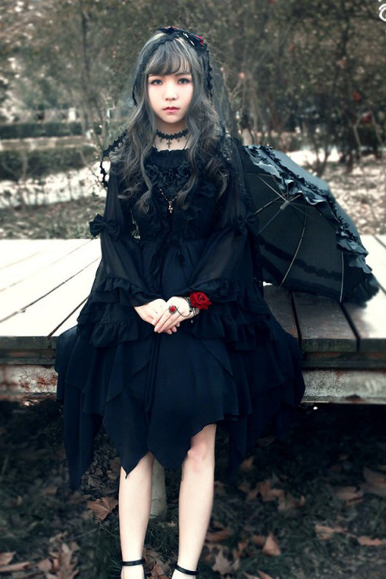 [Ballet of the Dead] Double-Layered Embroidery Lace-Up Gothic Lolita Jsk Dress (Cape Included) - Product - 4