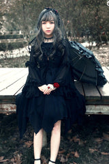 [Ballet of the Dead] Double-Layered Embroidery Lace-Up Gothic Lolita Jsk Dress (Cape Included) - Product - 4
