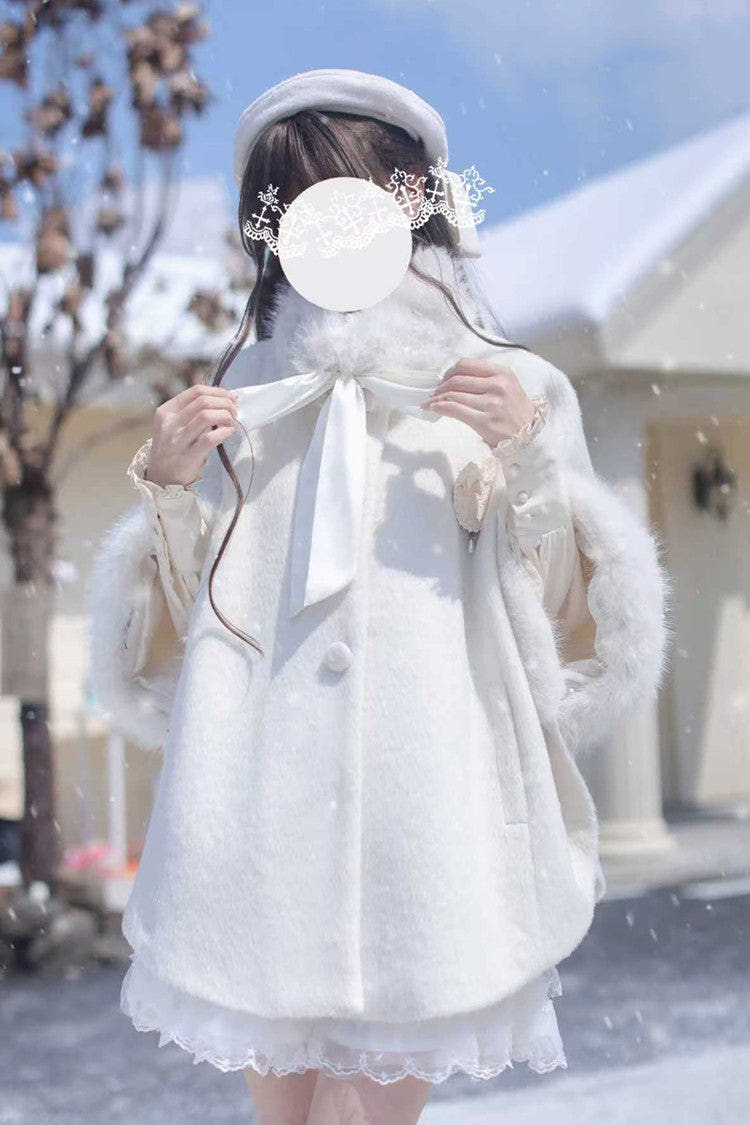White Long Sleeves Lace Sweet Japanese Lolita Fluffy Cloak Coat - White - 1