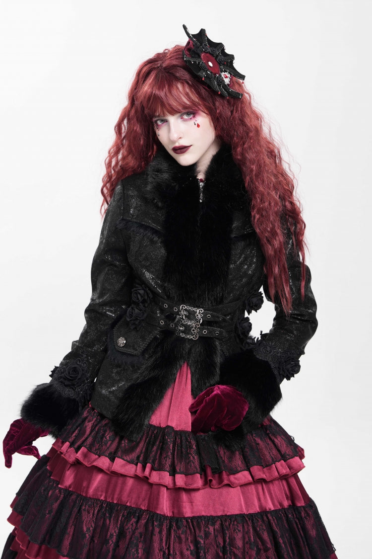 Black Long Sleeves Rose Floral Embroidery Buckle Straps Women's Gothic Coat - Product - 3