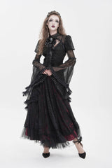Black Stand Collar Long Trumpet Beaded Sleeves Cut-Out Bow Lace Women's Gothic Blouse - Product - 8