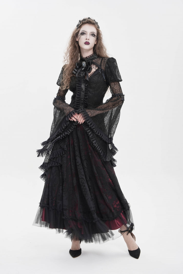 Black Stand Collar Long Trumpet Beaded Sleeves Cut-Out Bow Lace Women's Gothic Blouse - Product - 8