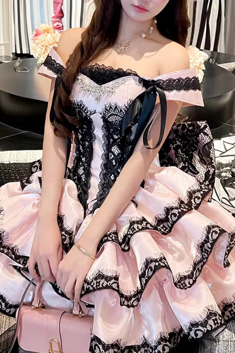 Pink [Love Poems of the Heart] Sleeveless Triple-Layered Ruffled Lace Lace-Up Sweet Lolita Jsk Dress - Product - 11