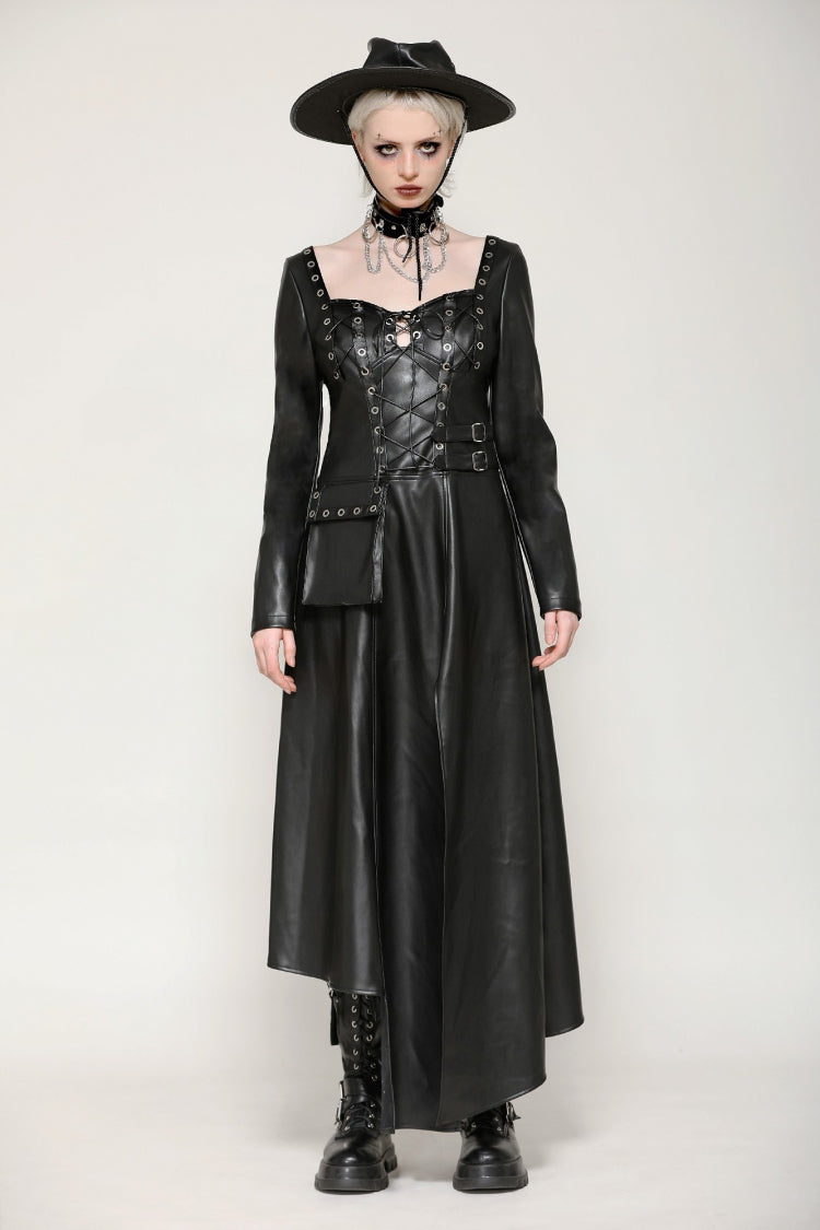 Black Women's Punk Long Sleeves Cut-Out Side Slit Irregular Hem Dress - Product - 5