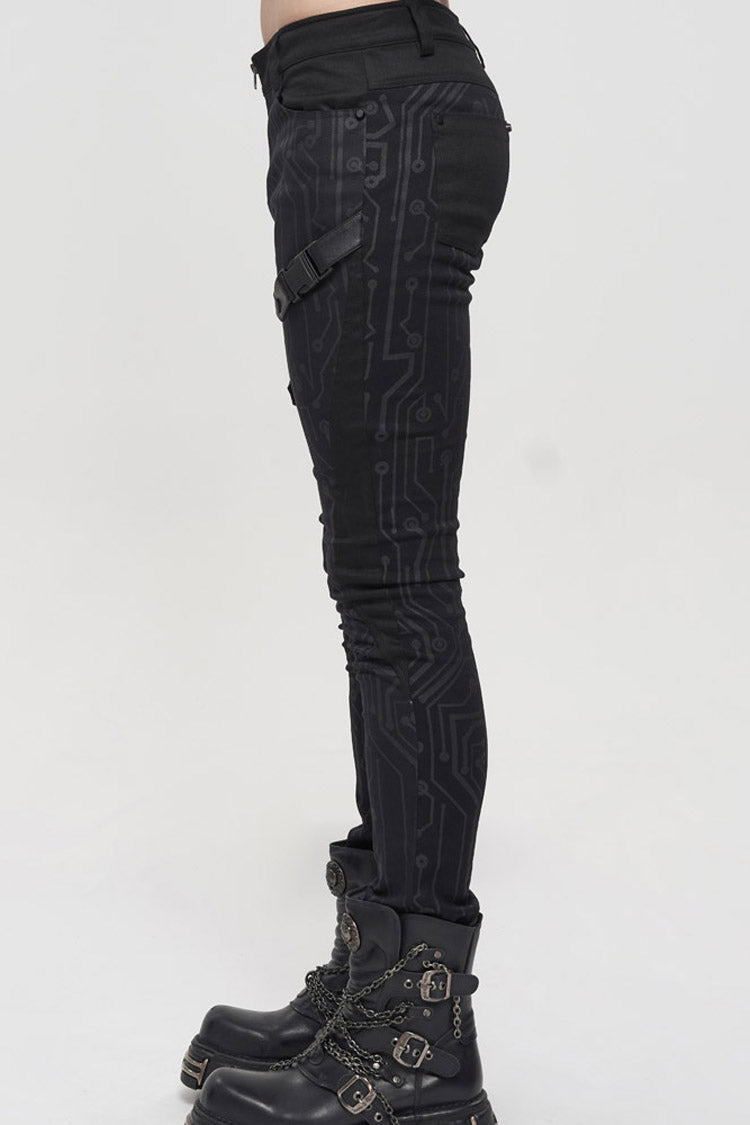 Black Punk Casual Circuit Diagram Print Asymmetric Decoration Men's Long Pants - Product - 2