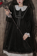 Black Doll Collar Long Sleeves Gothic Lolita Dress - Black - 1
