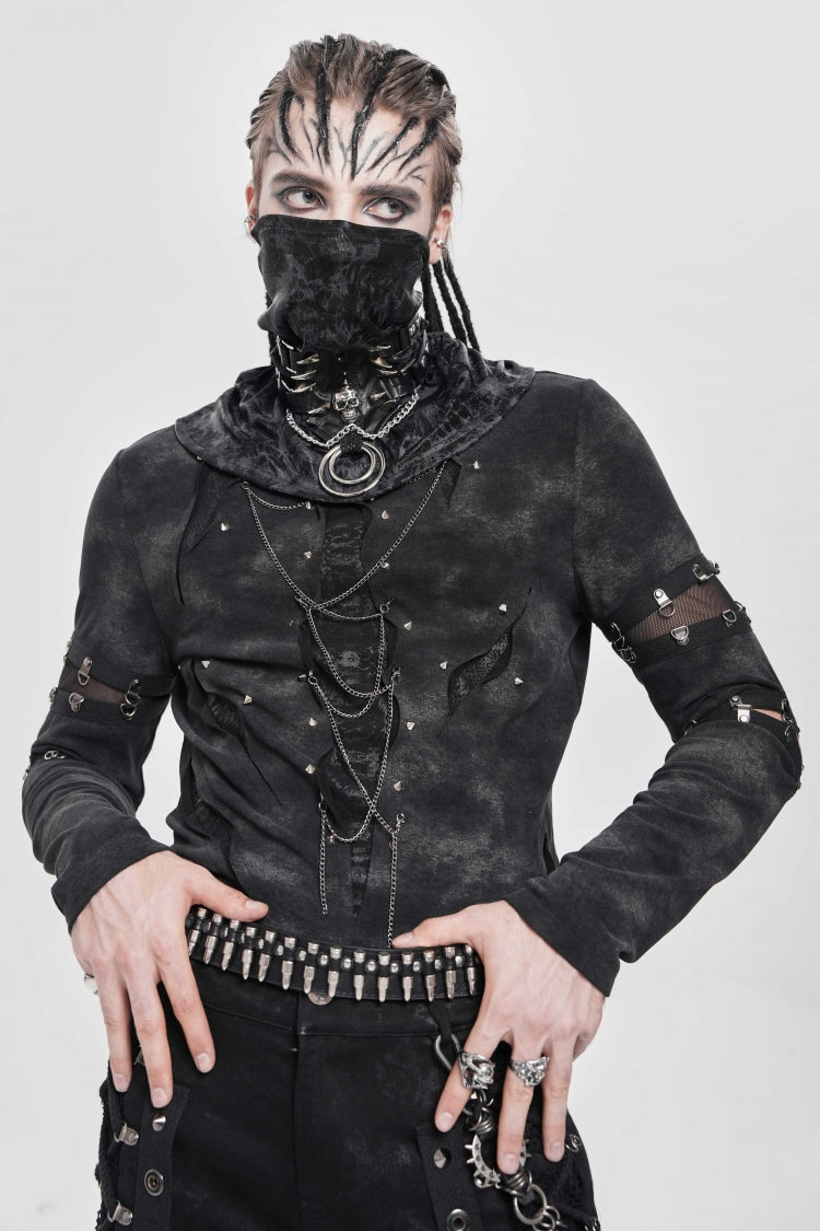 Black Long Sleeves Cutout Rivets Chain Men's Punk Blouse - Black - 1