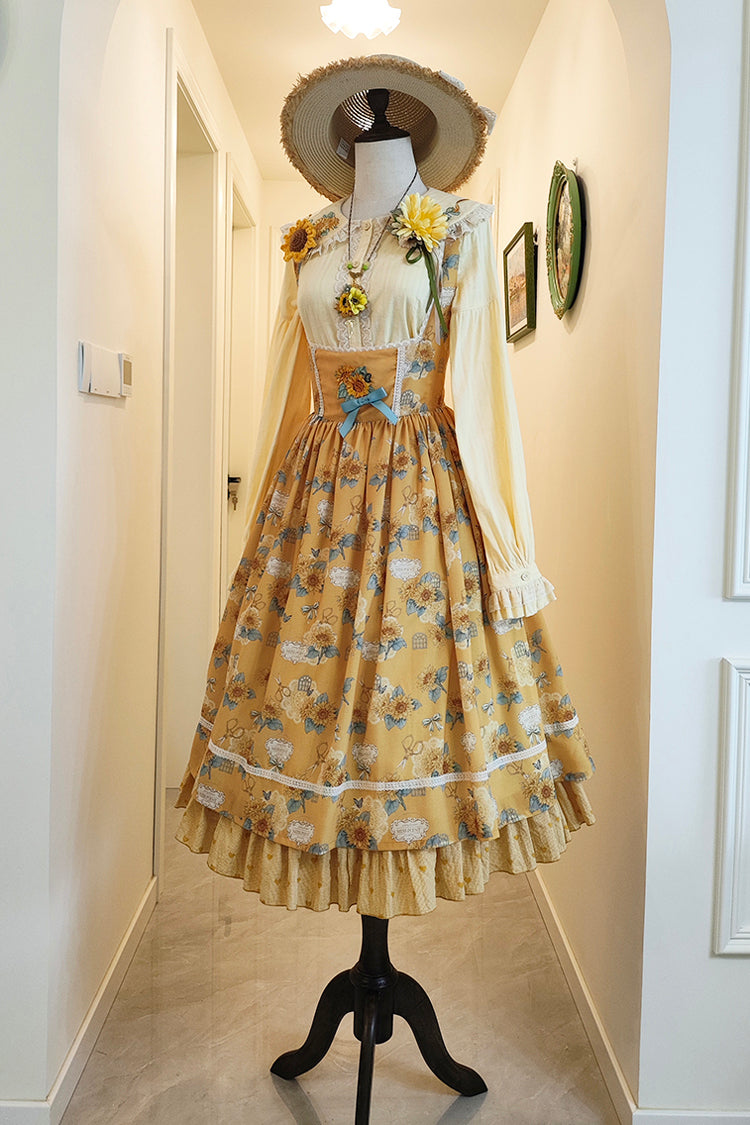 Yellow [Gardening Sunflower] Sleeveless Print Ruffle Bowknot Sweet Elegant Uplift Lolita Jsk Dress - Product - 11