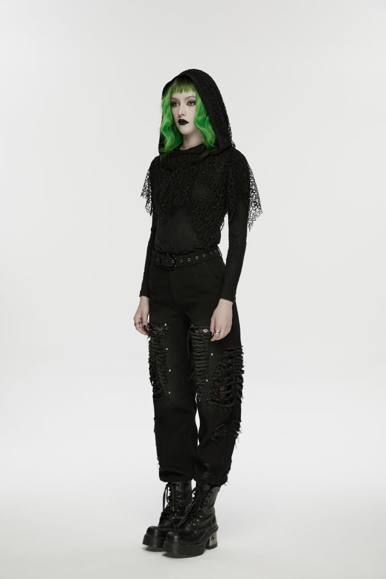 Black Ripped Zippered Eyelet Women's Punk Unedged Decadent Denim Pants - Product - 4