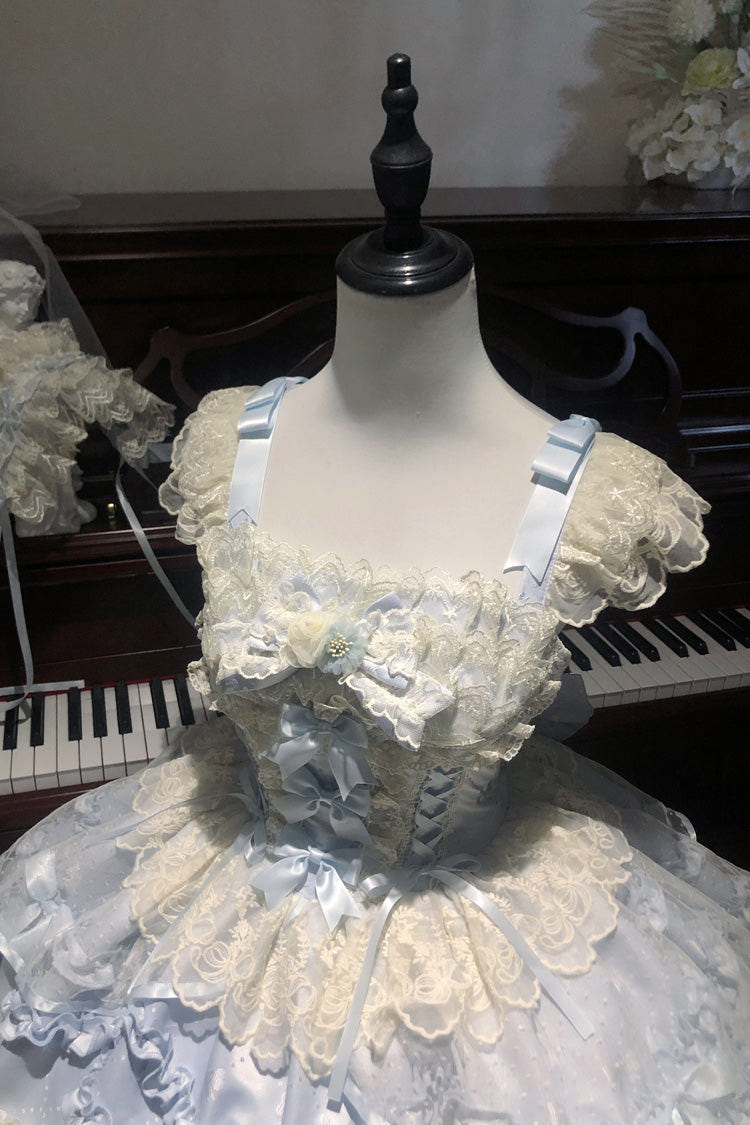 ブルー [Dreaming Butterfly] ティアード ジャカード フリル リボン レース スウィートプリンセスロリータ ジャンパースカート（JSK） 商品画像
