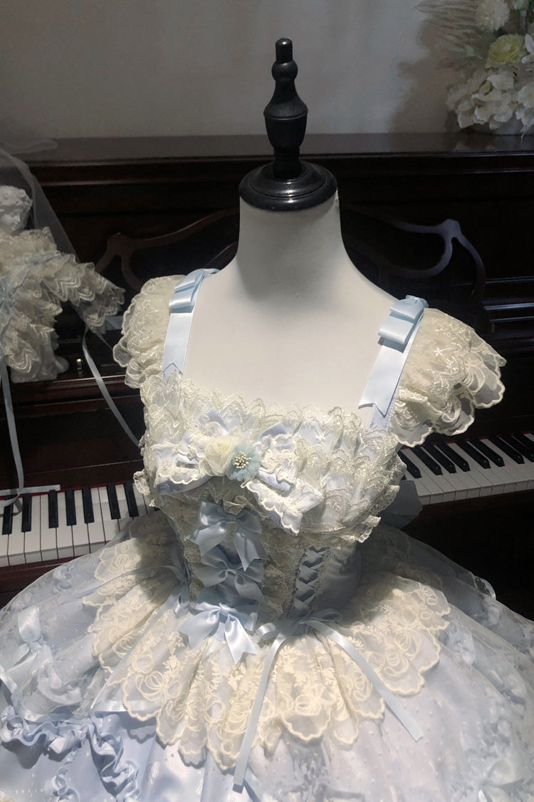 Blue [Dreaming Butterfly] Multi-Layered Jacquard Ruffle Bowknot Lace Sweet Princess Lolita Jsk Dress - Product - 13