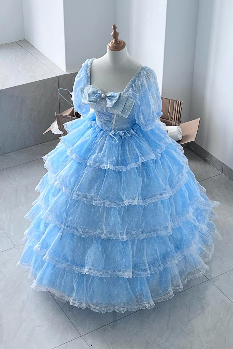 Blue Short Sleeves Multi-Layered Ruffle Hanayome Bowknot Lace Plus Size Sweet Lolita Dress - Blue - 2