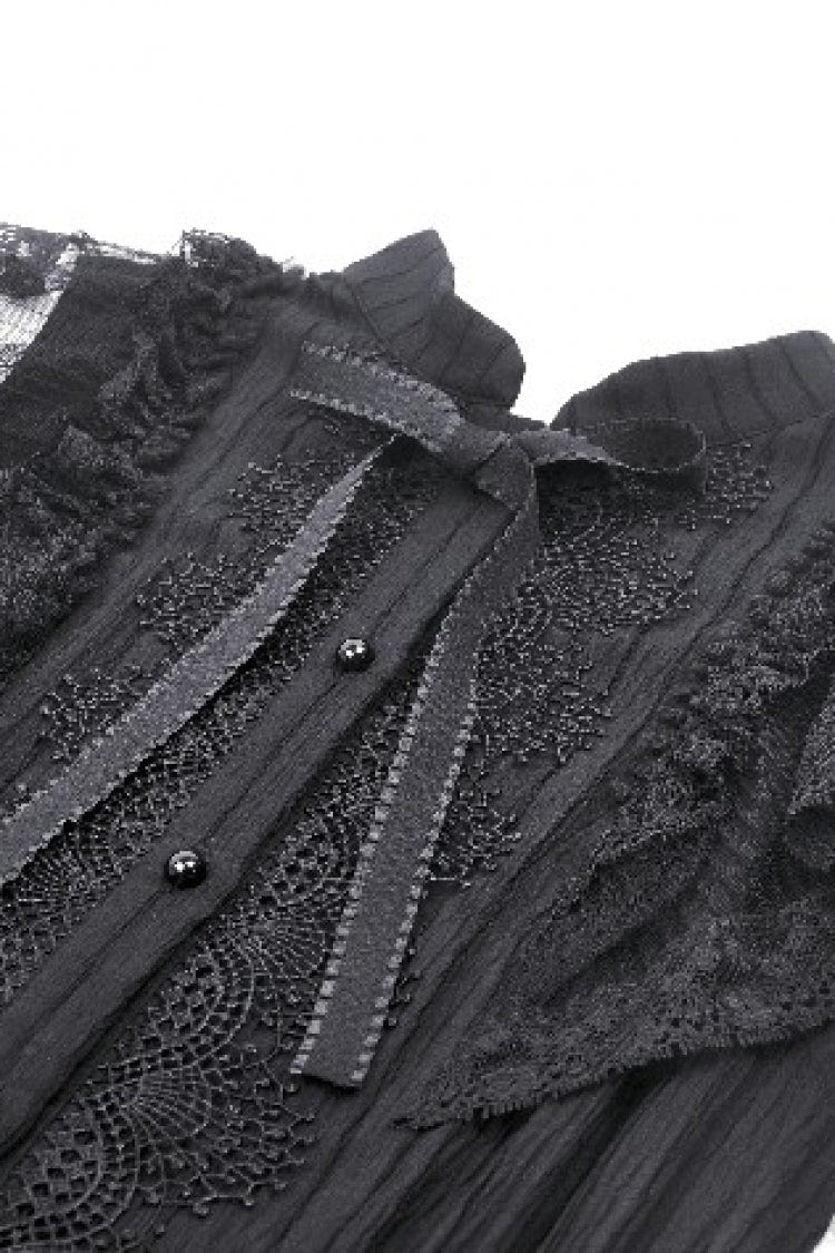 Black Lace Ruffled Stand Collar Bow Sleeveless Triple-Layered Hem Women's Gothic Dress - Product - 13