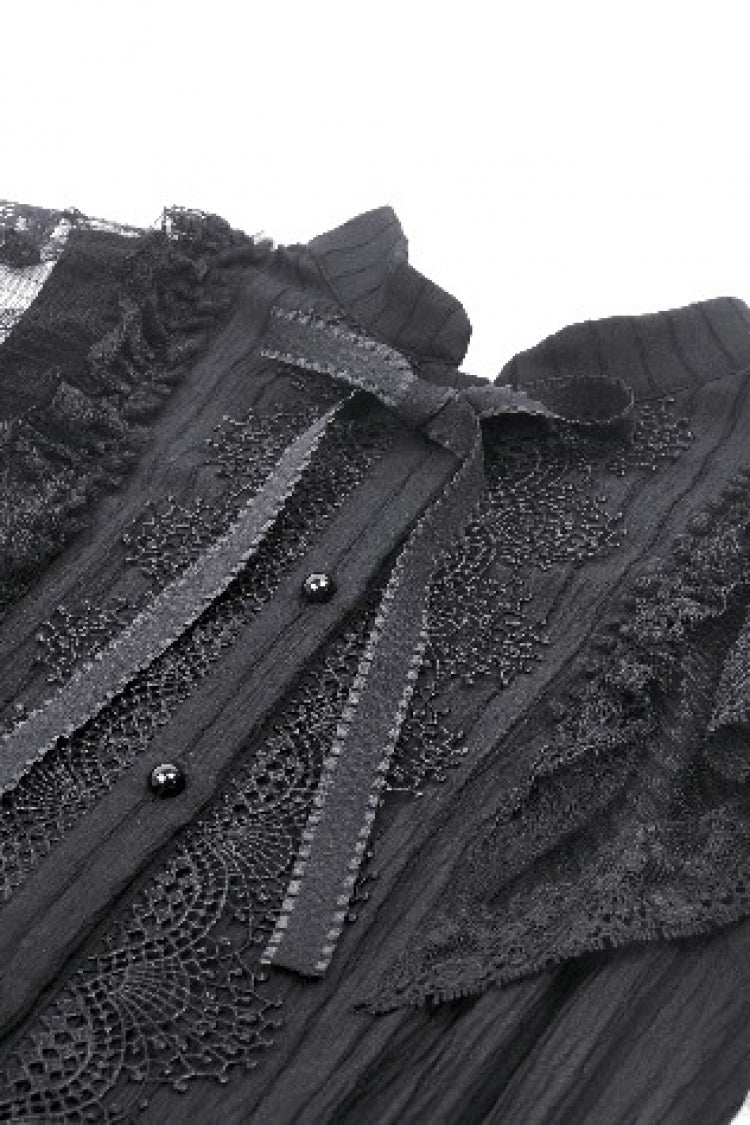 Black Lace Ruffled Stand Collar Bow Sleeveless Triple-Layered Hem Women's Gothic Dress - Product - 13