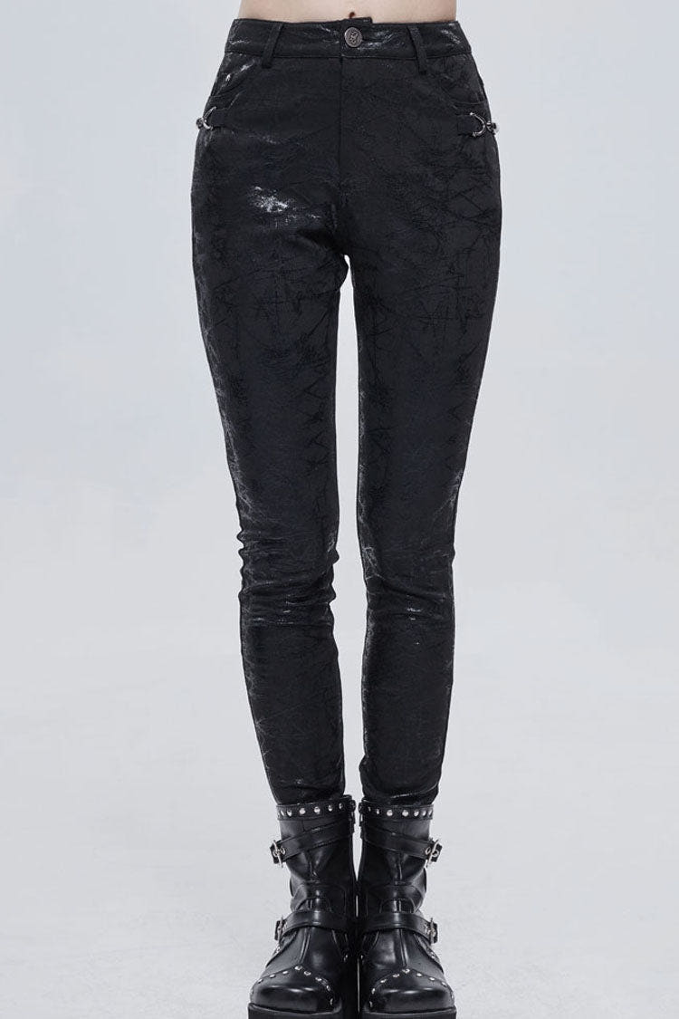 Black Punk Knitted Over Glue Metal Buckle Decoration Elasticity Leather Women's Leggings - Black - 1