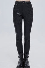 Black Punk Knitted Over Glue Metal Buckle Decoration Elasticity Leather Women's Leggings - Black - 1