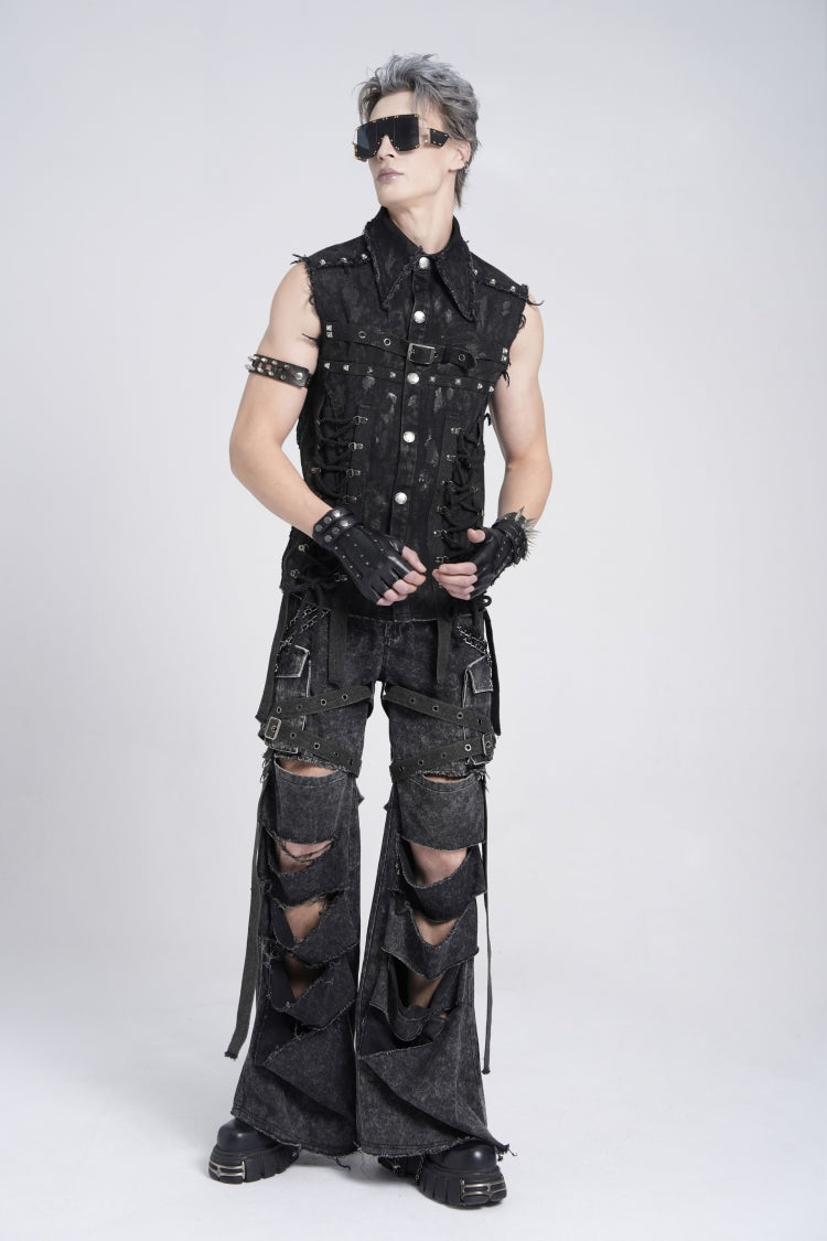 Black Ripped Chain-Decorated Men's Punk Cool Cosplay Pants with Big-pocket - Product - 3