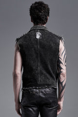 Black Rivets Lapel Collar Sleeveless Mens Steampunk Vintage Denim Vest - Product - 3