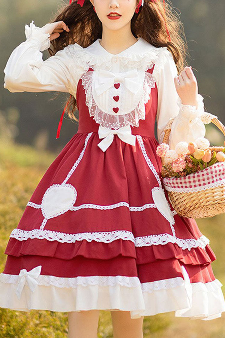 Wine Red Lace Stitching High Waisted Bowknot Ruffled Sweet Lolita Jsk Dress - Red - 1