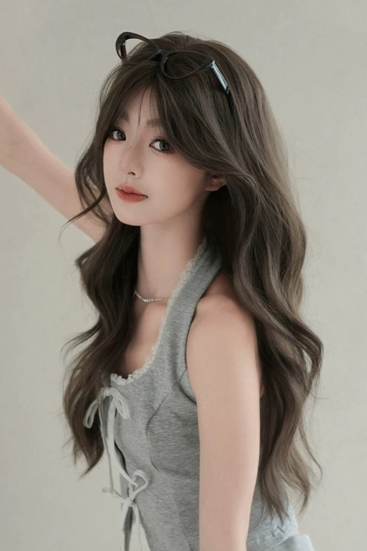 Cool Brown Fluffy Long Loose-Wavy Sweet Lolita Wig with Face-Framing Curtain Bangs - Product - 2