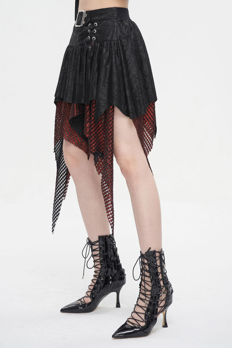 Red/Black Lrregular Mesh Splice Buckle Women's Gothic Skirt - Product - 3