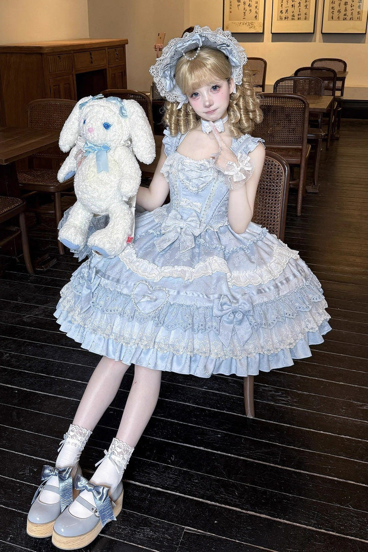 Blue [Super Cute Belia] Sleeveless Triple-Layered Ruffle Bowknot Lace Sweet Elegant Lolita Jsk Dress - Product - 3
