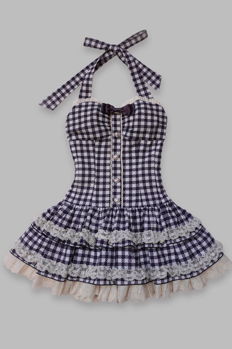 [Summer Mint] Halterneck Sleeveless Double-Layered Printed Ruffled Bow Lace Sweet Lolita Jsk Dress 5 Colors (Blue, Pink, Red, Black, White) - Black - 8