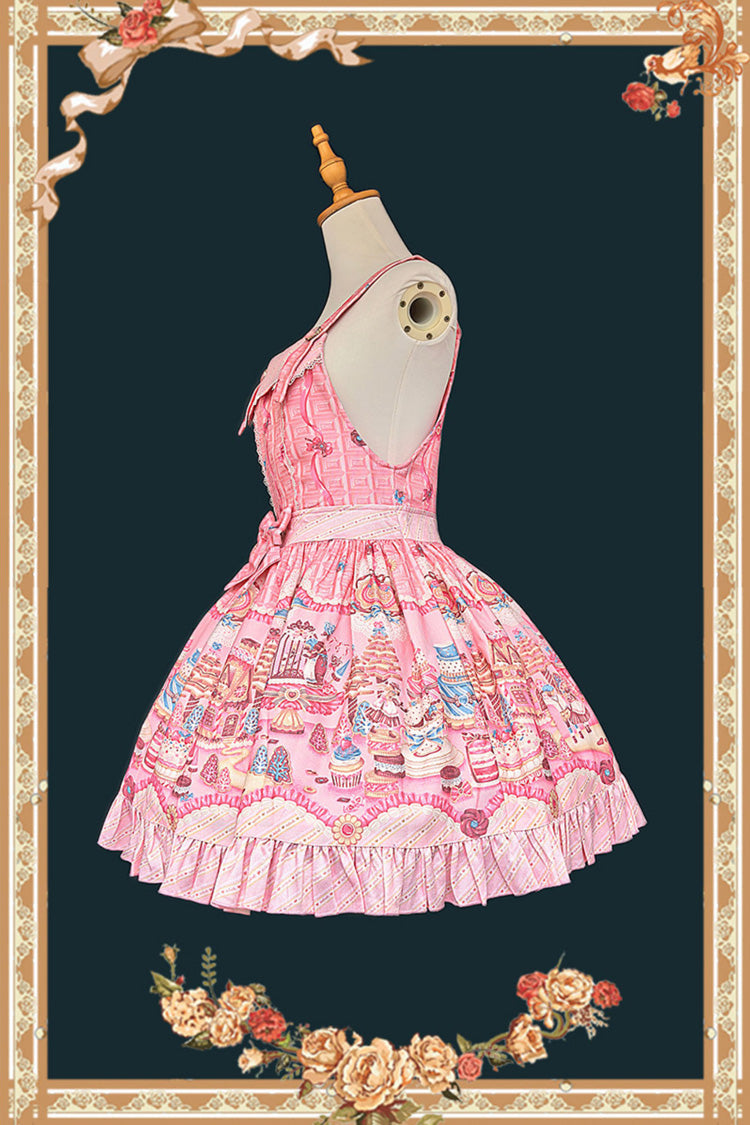 Pink [Candy House] Square Collar Sleeveless Printed Ruffled Bow Sweet Lolita Strap Dress - Product - 3