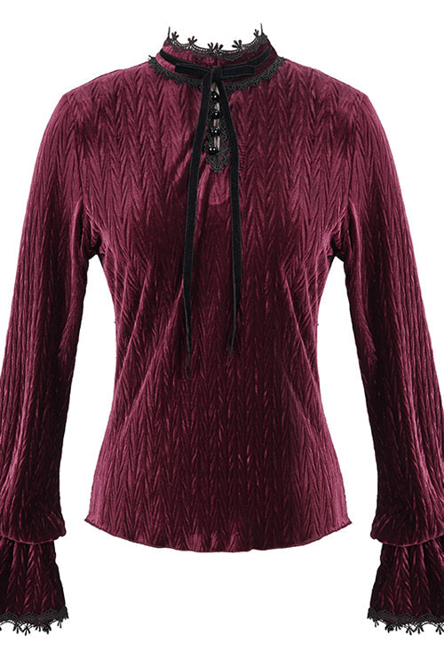 Red Pleated Velvet Trumpet Sleeves Womens Gothic Blouse - Product - 4