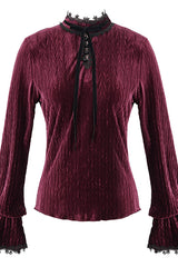 Red Pleated Velvet Trumpet Sleeves Womens Gothic Blouse - Product - 4