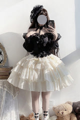 Black Top and Apricot Bowknot Sweet Princess Lolita Layered Skirt Dress - Product - 11