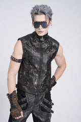 Black Stand Collar Sleeveless Strappy Stitching Zipper Men's Gothic Vest - Product - 4
