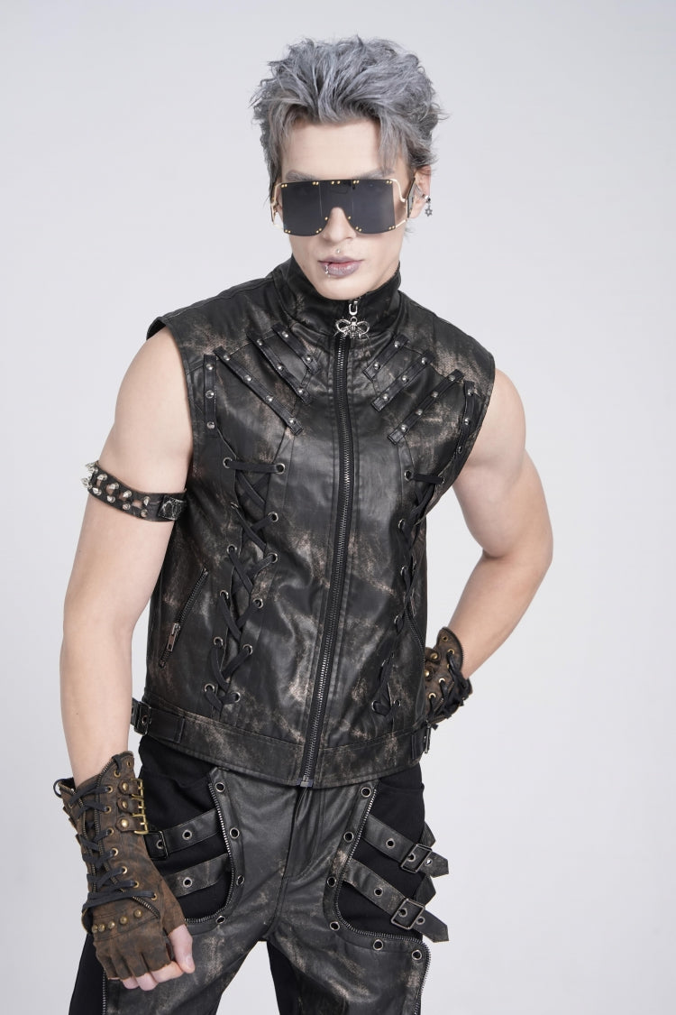 Black Stand Collar Sleeveless Strappy Stitching Zipper Men's Gothic Vest - Product - 4