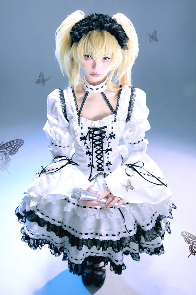 White [Witch] Long Trumpet Sleeves Double-Layered Ruffle Bowknot Lace-Up Gothic Lolita Skirt Dress Set - Product - 4