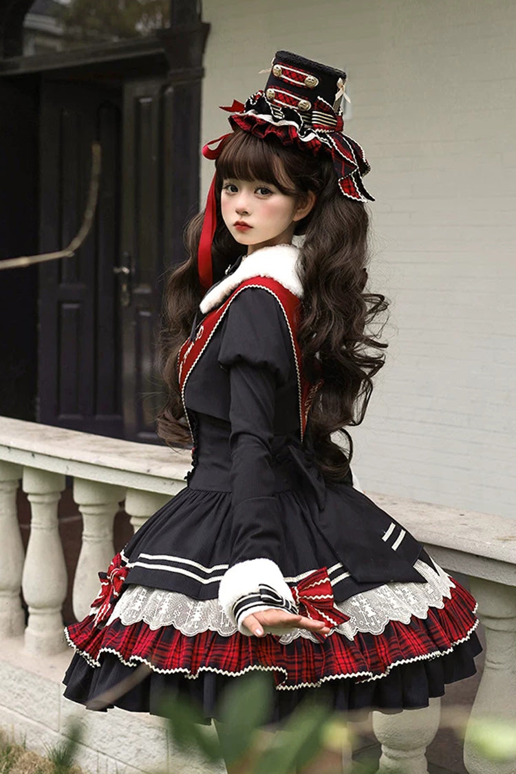 Black [Honor Guard Gala] V Collar Multi-Layered Printed Ruffled Bow Classic Gothic College Style Lolita Jsk Dress - Product - 16