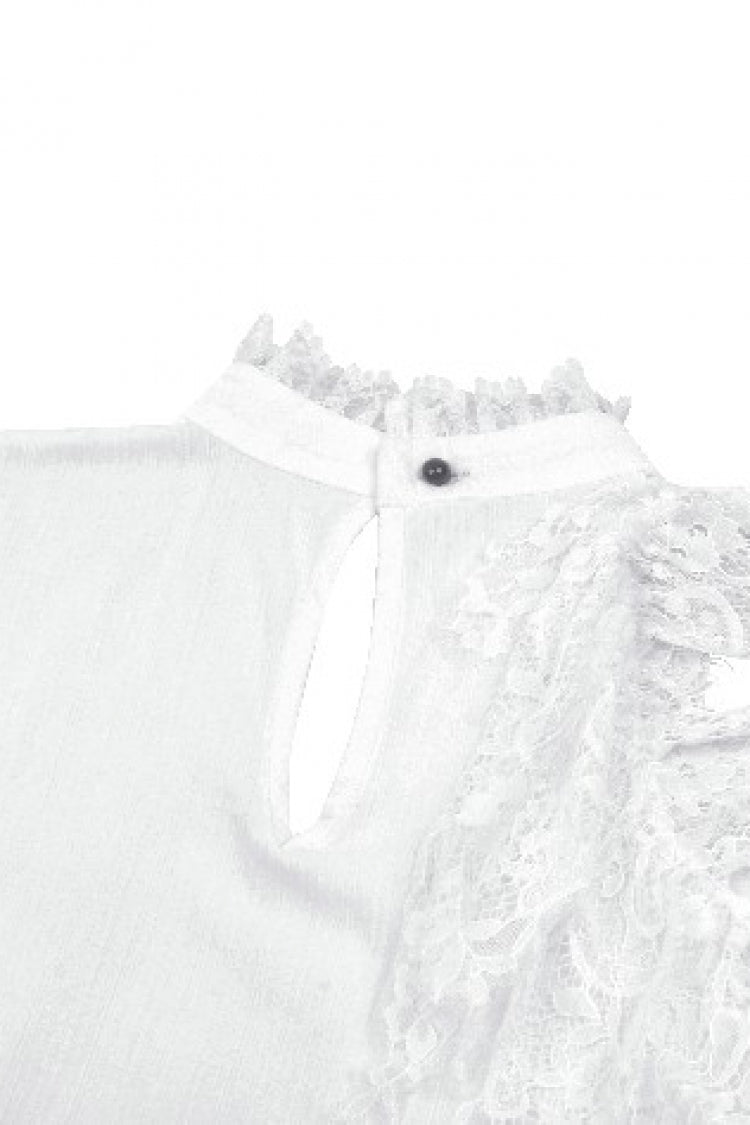 Black/White Lace High Collar Asymmetric Long Trumpet Puff Sleeves Bowknot Women's Lolita Gothic Short Dress - Product - 24