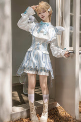 White/Blue [Angel’s Covenant] Stand Collar Long Sleeves Striped Printed Bow Gothic Ouji Lolita Suspender Shorts Set - Product - 6