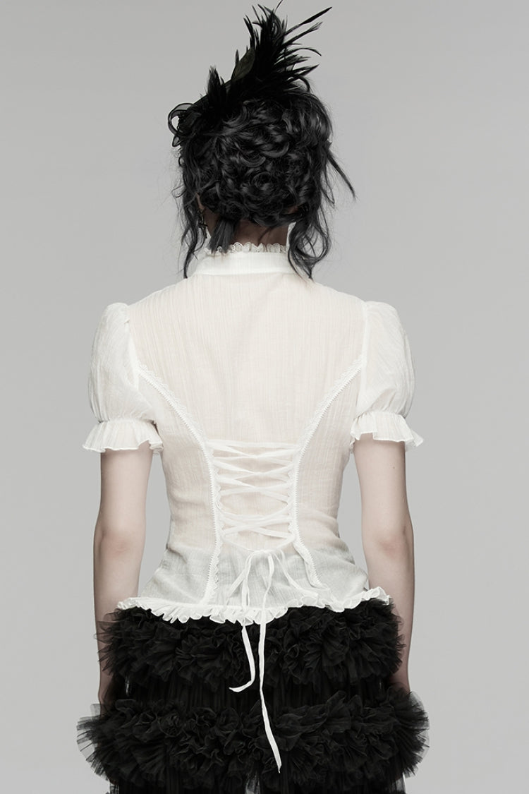 White Stand Collar Short Puff Sleeves Ruffled Lace-Up Women's Gothic Blouse - Product - 3