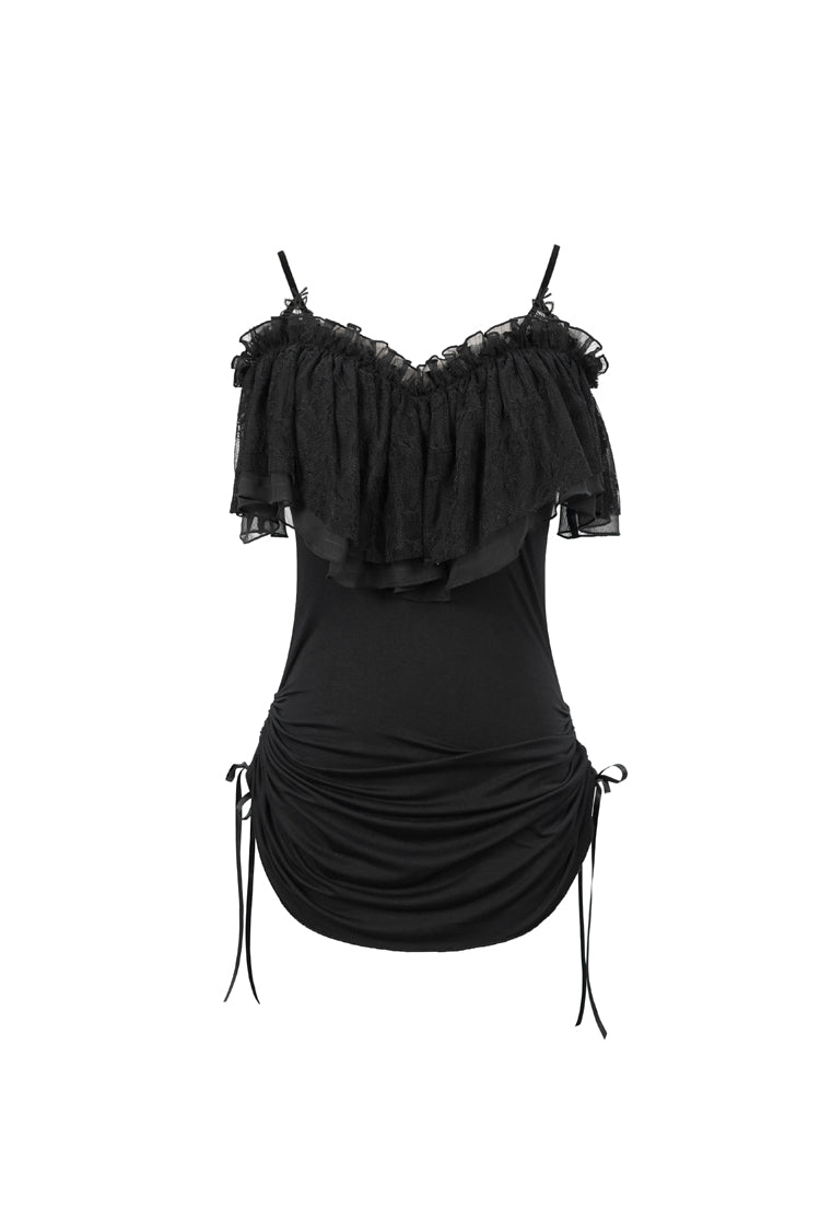 Black Lace Up Off Shoulder Chest Frilly Side Women's Punk T-Shirt - Product - 7