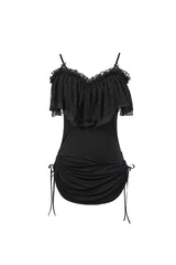 Black Lace Up Off Shoulder Chest Frilly Side Women's Punk T-Shirt - Product - 7