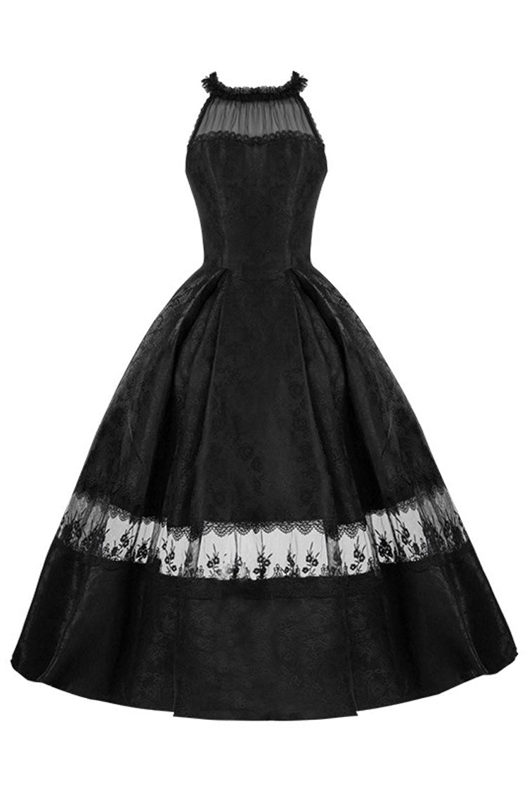 Black [Flowers in the Mist] Off Shoulder Halterneck Print Ruffle Gothic Elegant Lolita Dress - Product - 2