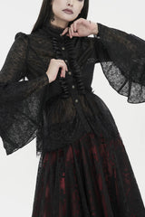 Black Lace Round Collar Flared Sleeved Women's Gothic Shirt - Black - 1