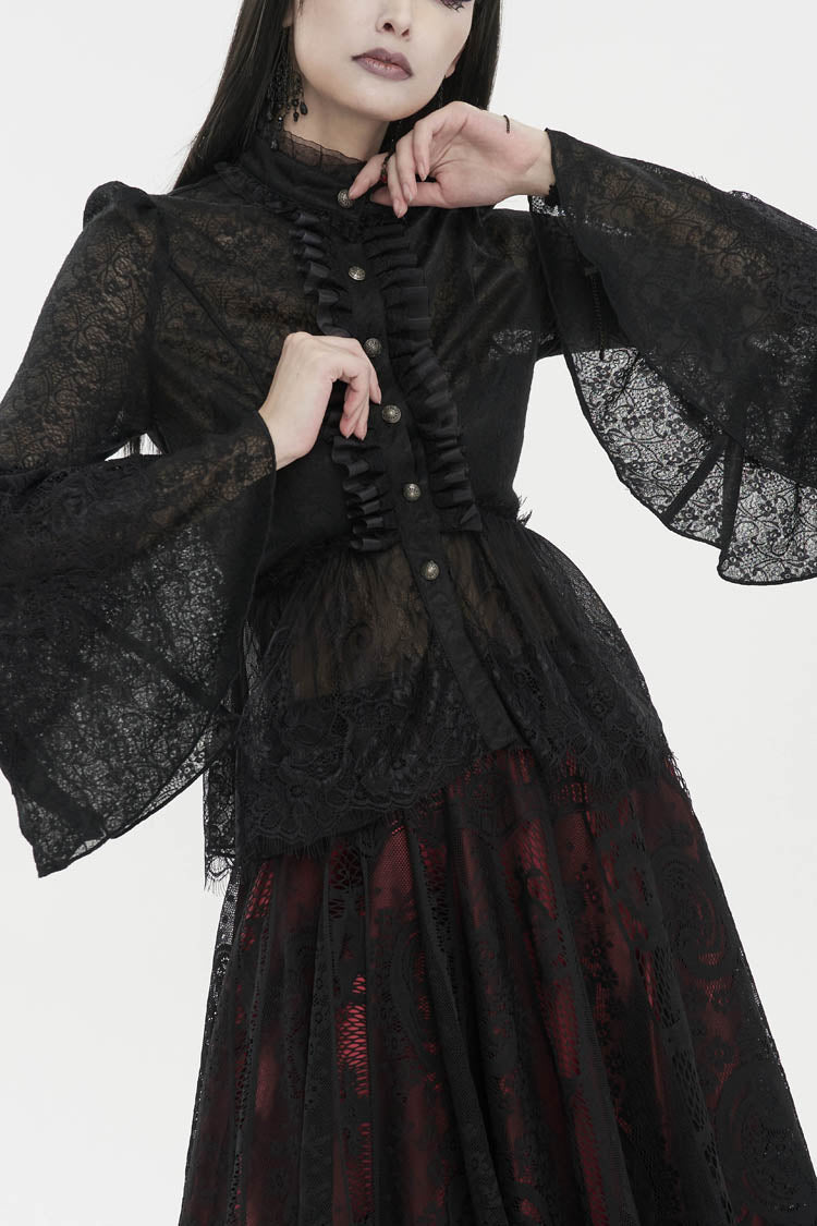 Black Lace Round Collar Flared Sleeved Women's Gothic Shirt - Black - 1