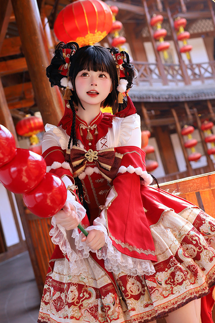 Red [New Year] Print Ruffle Bowknot Lace-Up Sweet Chinese Style Lolita Jsk Dress - Product - 9