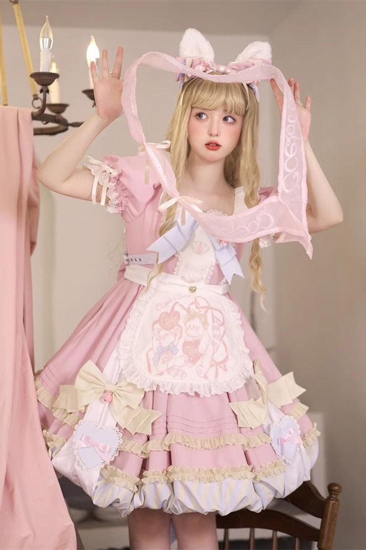 Pink Short Sleeves Multi-Layered Ruffle Bowknot Sweet Princess Lolita Dress Full Set - Product - 2