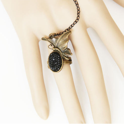 Black Retro Fashion Silk Cloth Gemstone Butterfly Design Female Gothic Lolita Ring Bracelet - Product - 6