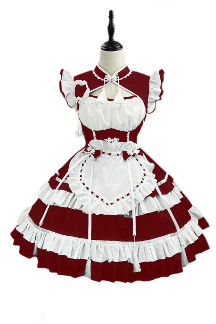 Red/White Love Double-Layered Ruffle Bowknot Sweet Plus Size Chinese Style Lolita Dress Full Set - Product - 3