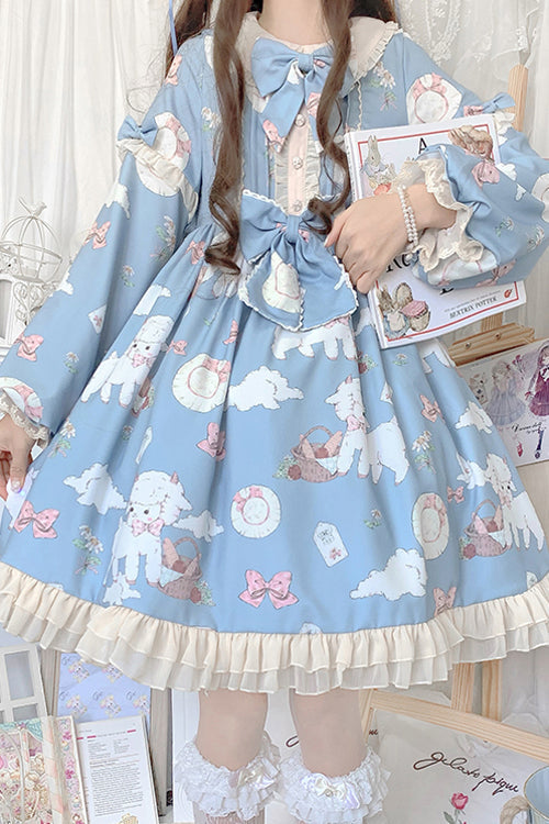 Doll Collar Lantern Sleeves Cute Sheep Print Sweet Lolita OP Dress - Product - 5
